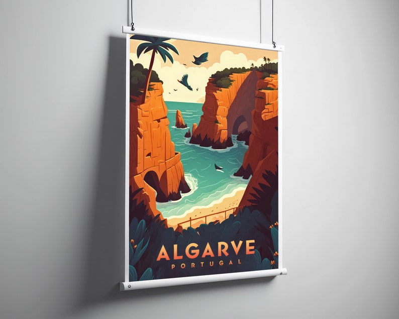 May include: A colourful illustration of a rocky coastline with a beach and turquoise water. The text "ALGARVE PORTUGAL" is at the bottom of the image.