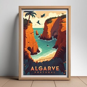 May include: A colourful illustration of a rocky coastline with a beach and turquoise water. The text "ALGARVE PORTUGAL" is at the bottom of the image.