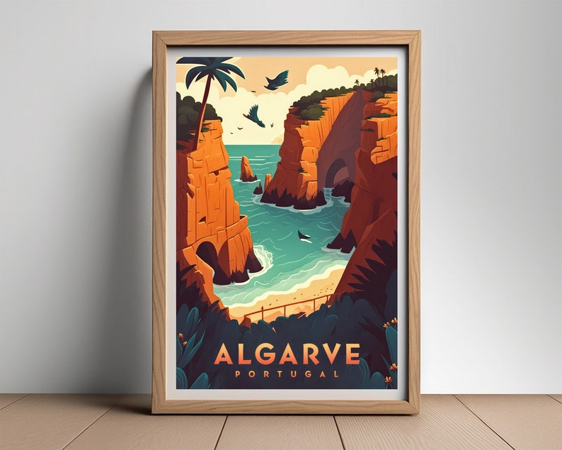 May include: A colourful illustration of a rocky coastline with a beach and turquoise water. The text "ALGARVE PORTUGAL" is at the bottom of the image.