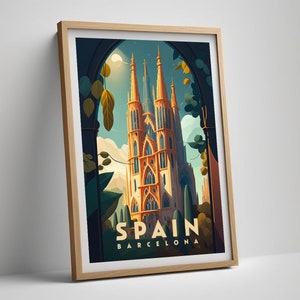 May include: A framed poster with a colorful illustration of a tall, ornate building with a pointed roof. The building is surrounded by green foliage and the text "SPAIN BARCELONA" is at the bottom of the poster.