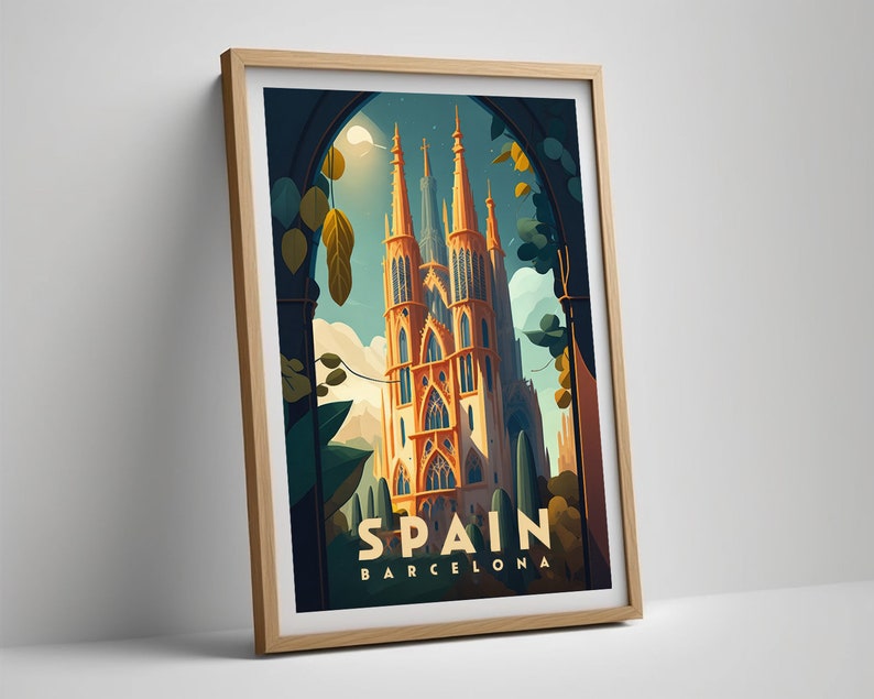 May include: A framed poster with a colorful illustration of a tall, ornate building with a pointed roof. The building is surrounded by green foliage and the text "SPAIN BARCELONA" is at the bottom of the poster.