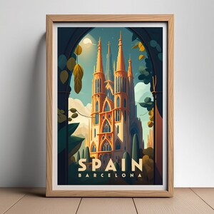 May include: A vintage travel poster featuring a tall, ornate church with a pointed roof, framed by lush green foliage. The poster is titled "SPAIN BARCELONA".