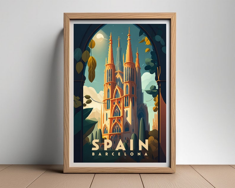 May include: A vintage travel poster featuring a tall, ornate church with a pointed roof, framed by lush green foliage. The poster is titled "SPAIN BARCELONA".
