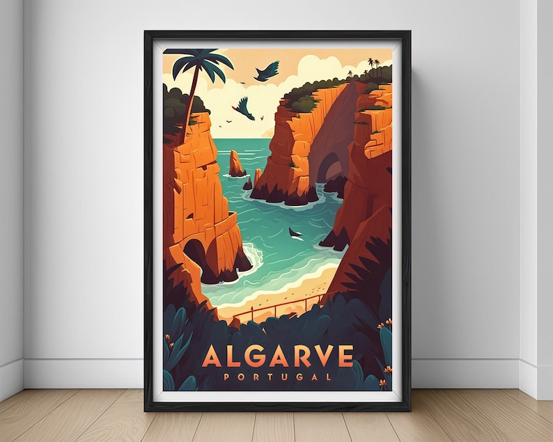 May include: A vintage travel poster depicting a scenic view of a rocky coastline in Algarve, Portugal. The poster features a retro colour palette with a blue ocean, orange cliffs, and green foliage. The text "ALGARVE PORTUGAL" is displayed at the bottom of the poster.
