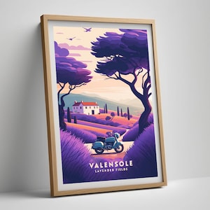 May include: A vintage-style motorcycle drives down a road lined with purple lavender fields. A white house with a red roof sits on a hill in the distance. The text "VALENSOLE LAVENDER FIELDS" is at the bottom of the image.