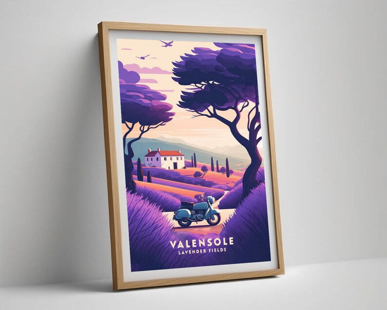 May include: A vintage-style motorcycle drives down a road lined with purple lavender fields. A white house with a red roof sits on a hill in the distance. The text "VALENSOLE LAVENDER FIELDS" is at the bottom of the image.