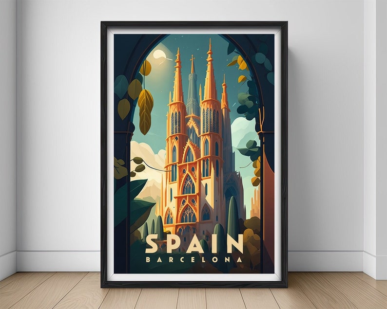 May include: A vintage travel poster featuring a tall, ornate church with spires against a blue sky. The poster is framed in black and has the text "SPAIN BARCELONA" at the bottom.