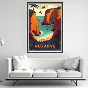 May include: A vintage travel poster featuring a colourful illustration of a rocky coastline with a beach and turquoise water. The text "ALGARVE PORTUGAL" is at the bottom of the poster.
