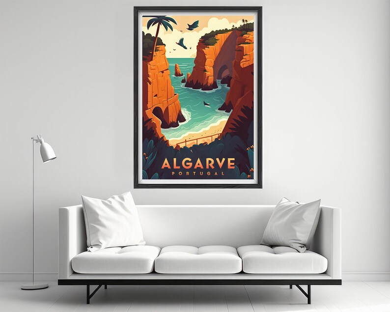 May include: A vintage travel poster featuring a colourful illustration of a rocky coastline with a beach and turquoise water. The text "ALGARVE PORTUGAL" is at the bottom of the poster.