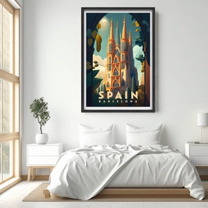 May include: A vintage travel poster featuring a colorful illustration of a tall, ornate church with a green archway in the foreground. The text "SPAIN BARCELONA" is at the bottom of the poster.