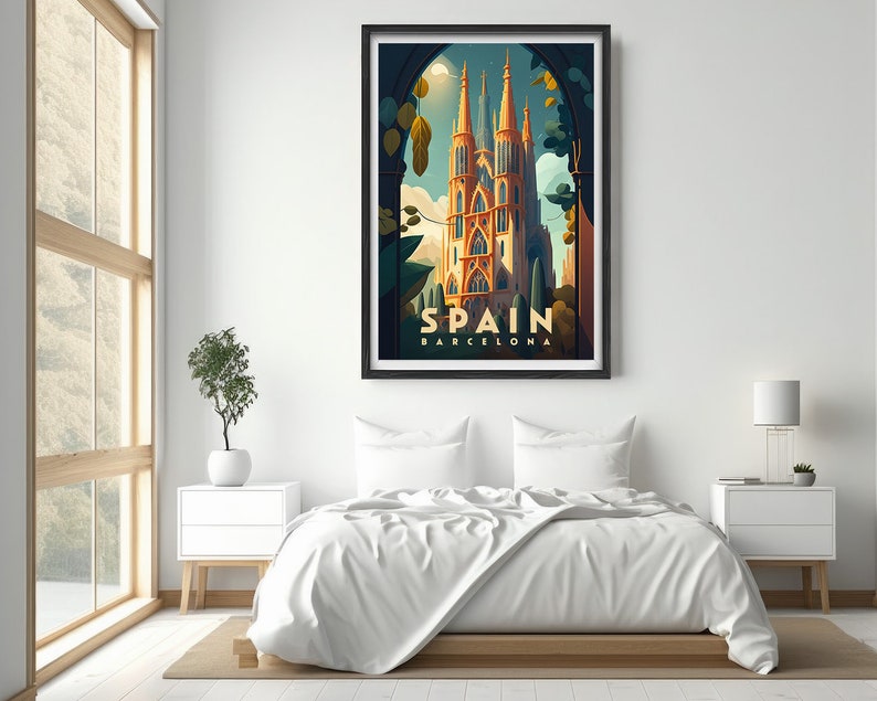 May include: A vintage travel poster featuring a colorful illustration of a tall, ornate church with a green archway in the foreground. The text "SPAIN BARCELONA" is at the bottom of the poster.