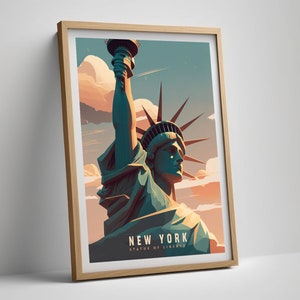 May include: A vintage-style poster featuring a colorful illustration of the Statue of Liberty in New York City. The poster has a blue, green, and orange color scheme and the text "NEW YORK STATUE OF LIBERTY".