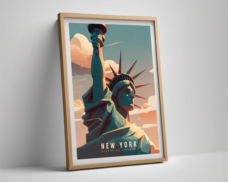 May include: A vintage-style poster featuring a colorful illustration of the Statue of Liberty in New York City. The poster has a blue, green, and orange color scheme and the text "NEW YORK STATUE OF LIBERTY".
