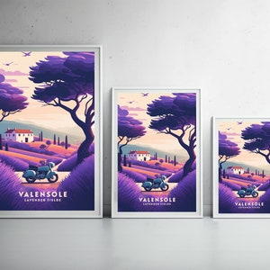 May include: Three framed prints with a vintage motorcycle and lavender fields in the background. The prints are titled "Valensole Lavender Fields".