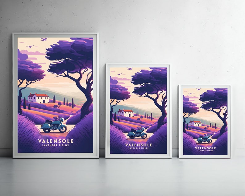 May include: Three framed prints with a vintage motorcycle and lavender fields in the background. The prints are titled "Valensole Lavender Fields".