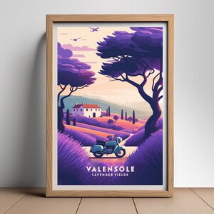 May include: A vintage motorcycle drives through a field of purple lavender flowers. A white house with a red roof sits on a hill in the distance. The text "VALENSOLE LAVENDER FIELDS" is at the bottom of the image.
