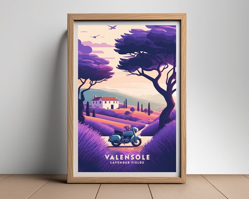 May include: A vintage motorcycle drives through a field of purple lavender flowers. A white house with a red roof sits on a hill in the distance. The text "VALENSOLE LAVENDER FIELDS" is at the bottom of the image.