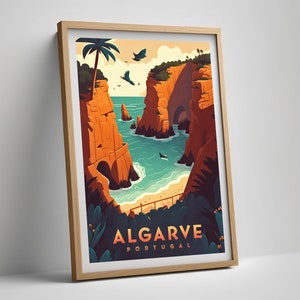 May include: A colourful illustration of a rocky coastline with a beach and turquoise water. The text "ALGARVE PORTUGAL" is at the bottom of the image.