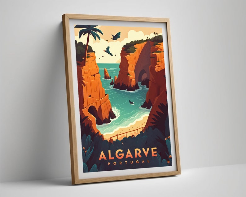May include: A colourful illustration of a rocky coastline with a beach and turquoise water. The text "ALGARVE PORTUGAL" is at the bottom of the image.