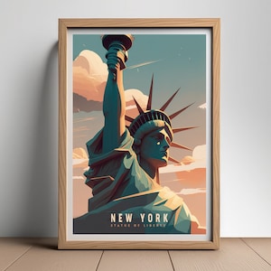 May include: A vintage-style poster featuring a colorful illustration of the Statue of Liberty in New York City. The poster has a blue, green, and orange color scheme and the text "NEW YORK STATUE OF LIBERTY".
