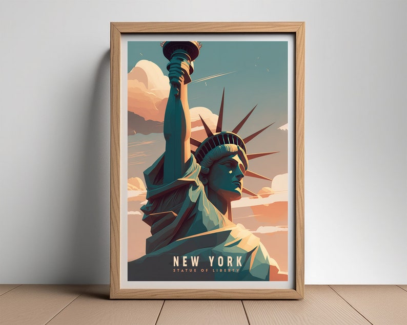 May include: A vintage-style poster featuring a colorful illustration of the Statue of Liberty in New York City. The poster has a blue, green, and orange color scheme and the text "NEW YORK STATUE OF LIBERTY".