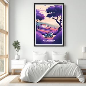 May include: A vintage poster with a purple and blue color scheme depicting a motorcycle driving through a field of lavender in the French countryside. The text on the poster reads "Valensole Lavender Fields".