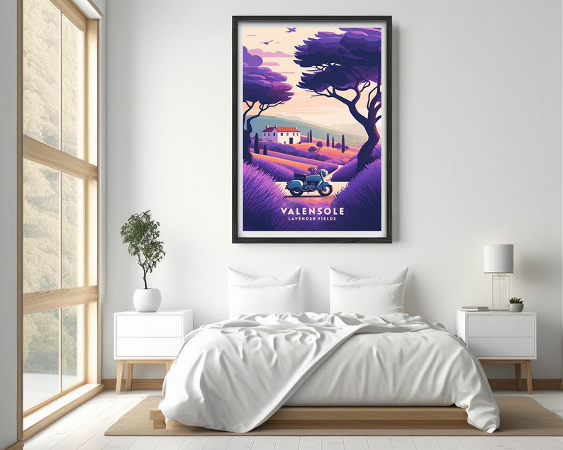 May include: A vintage poster with a purple and blue color scheme depicting a motorcycle driving through a field of lavender in the French countryside. The text on the poster reads "Valensole Lavender Fields".