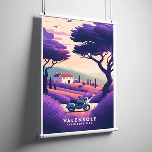 May include: A vintage motorcycle drives through a field of purple lavender flowers. A white house with a red roof sits on a hill in the background. The text "VALENSOLE LAVENDER FIELDS" is at the bottom of the image.