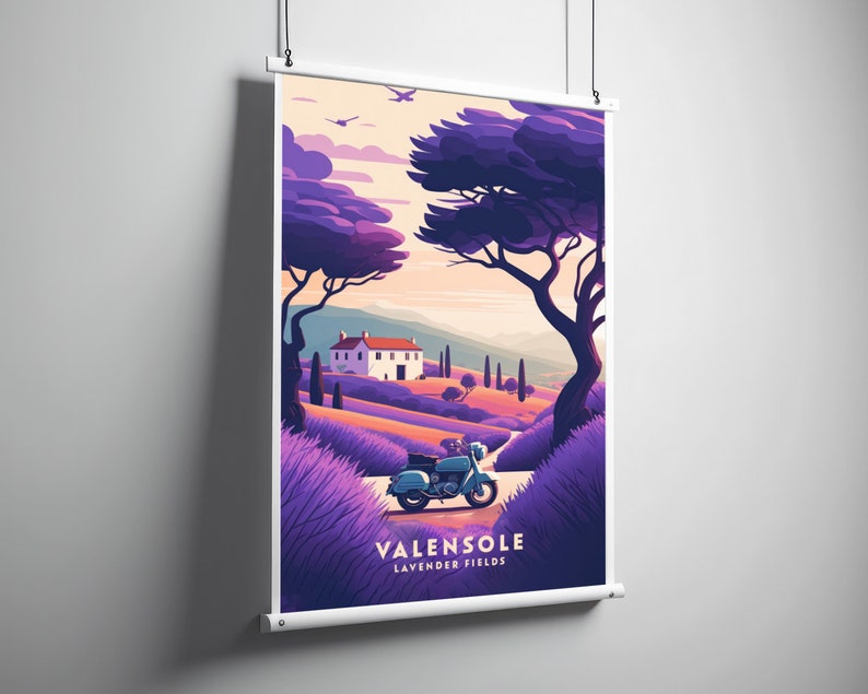 May include: A vintage motorcycle drives through a field of purple lavender flowers. A white house with a red roof sits on a hill in the background. The text "VALENSOLE LAVENDER FIELDS" is at the bottom of the image.