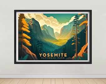 May include: A vintage-style poster with a colorful illustration of Yosemite National Park. The poster features a mountain range, a valley, and a forest. The text "Yosemite National Park" is printed in gold lettering at the bottom of the poster.