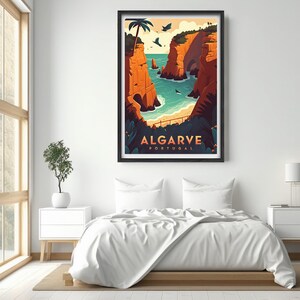 May include: A vintage travel poster design featuring a scenic view of a rocky coastline with a turquoise ocean. The poster is titled "ALGARVE PORTUGAL" in a bold, white font.