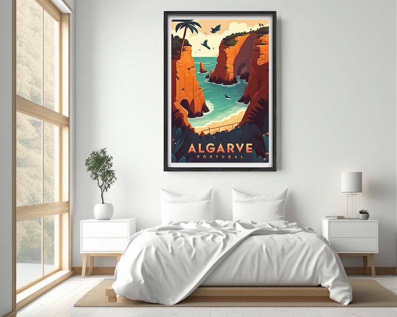 May include: A vintage travel poster design featuring a scenic view of a rocky coastline with a turquoise ocean. The poster is titled "ALGARVE PORTUGAL" in a bold, white font.
