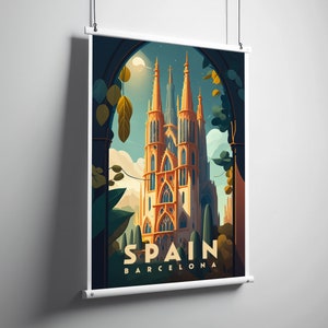 May include: A vintage travel poster featuring a tall, ornate church with a pointed archway and the text "SPAIN BARCELONA" in a bold, stylized font.
