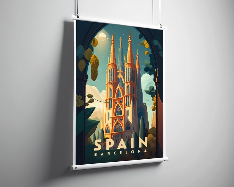 May include: A vintage travel poster featuring a tall, ornate church with a pointed archway and the text "SPAIN BARCELONA" in a bold, stylized font.