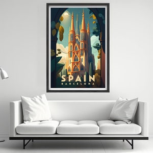 May include: A vintage travel poster featuring a colorful illustration of a cathedral in Barcelona, Spain. The poster has the text "Spain Barcelona" at the bottom.