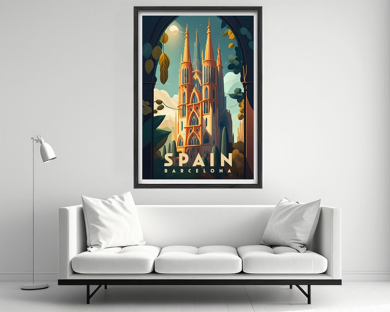 May include: A vintage travel poster featuring a colorful illustration of a cathedral in Barcelona, Spain. The poster has the text "Spain Barcelona" at the bottom.