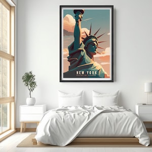 May include: A vintage travel poster featuring a stylized illustration of the Statue of Liberty in front of a sunset sky. The poster is framed in black and has the text "NEW YORK STATE OF LIBERTY" at the bottom.