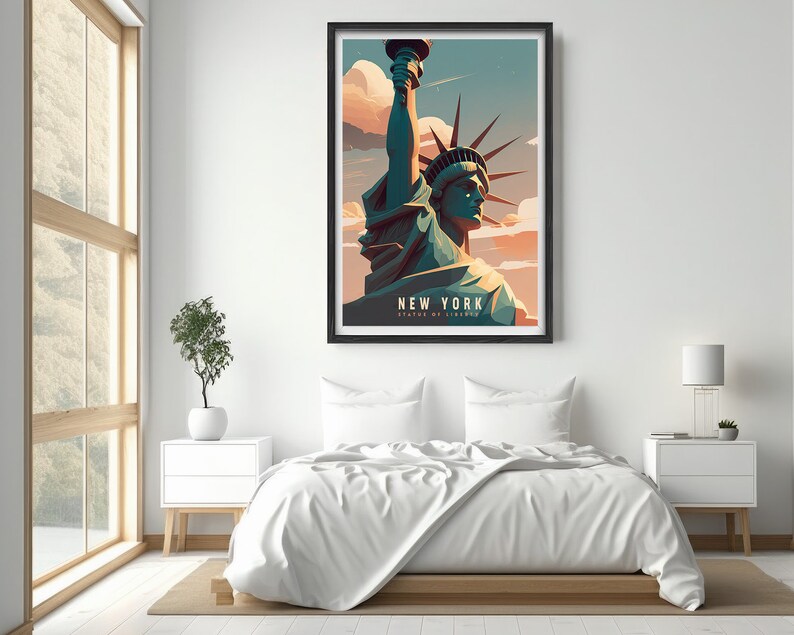 May include: A vintage travel poster featuring a stylized illustration of the Statue of Liberty in front of a sunset sky. The poster is framed in black and has the text "NEW YORK STATE OF LIBERTY" at the bottom.