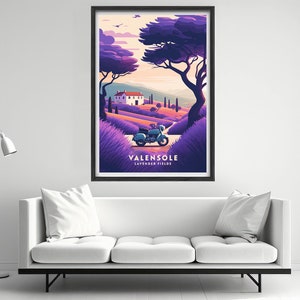 May include: A vintage motorcycle drives through a purple lavender field in the French countryside. The text "VALENSOLE LAVENDER FIELDS" is at the bottom of the image.