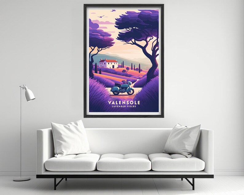 May include: A vintage motorcycle drives through a purple lavender field in the French countryside. The text "VALENSOLE LAVENDER FIELDS" is at the bottom of the image.
