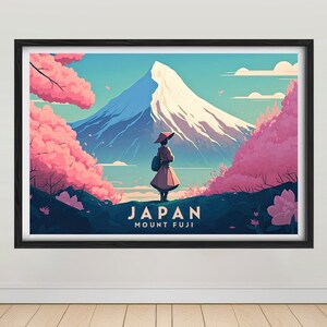 May include: A colorful illustration of Mount Fuji in Japan, with a person standing in front of the mountain. The mountain is surrounded by pink cherry blossoms. The text "JAPAN MOUNT FUJI" is at the bottom of the image.