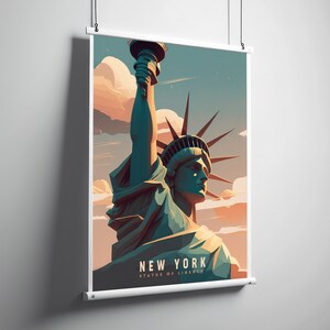 May include: A vintage-style poster featuring a colorful illustration of the Statue of Liberty in New York City. The poster has a blue, green, and orange color scheme and the text "NEW YORK STATUE OF LIBERTY" at the bottom.