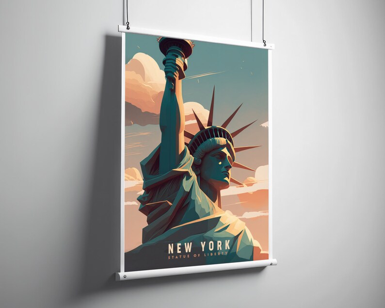 May include: A vintage-style poster featuring a colorful illustration of the Statue of Liberty in New York City. The poster has a blue, green, and orange color scheme and the text "NEW YORK STATUE OF LIBERTY" at the bottom.