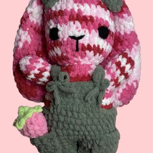 Handmade Crochet Pink Strawberry Bunny with Green Overalls - Crochet Bunny Plushie - Stuffed Animal - Nursery Decor - Amigurumi - Baby Gift