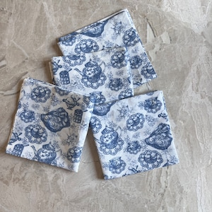 Bleu Blanc Linen Napkin Trio - Handcrafted Table Essentials with Toile Art Detail