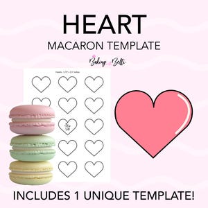 May include: Printable heart-shaped macaron template. The template includes 12 heart shapes, each measuring 1.75 inches by 1.75 inches. The template is perfect for creating unique and delicious macarons.