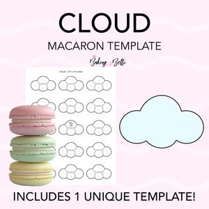 May include: A printable template for making cloud-shaped macarons. The template includes 8 cloud shapes with different arrangements of circles for piping the macaron batter. The text "Cloud Macaron Template" and "Includes 1 Unique Template!" is also included on the page.