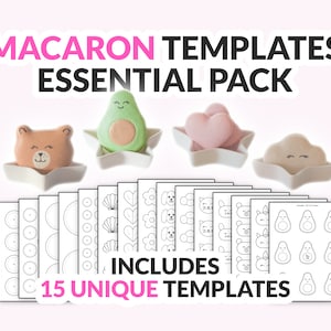 Peut inclure: Un ensemble de 15 modèles de macarons imprimables avec différents motifs, notamment un cœur, un nuage, un avocat, un ours et une fleur. Les modèles sont en noir et blanc et sont parfaits pour décorer les macarons.