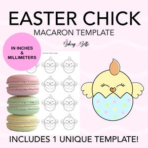 May include: Printable Easter chick macaron template with 9 chick designs in inches and millimeters.  The template includes a cute cartoon chick in an egg shell with polka dots.