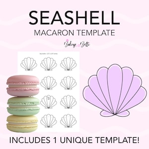 May include: Printable seashell macaron template with 9 individual seashell designs. The template includes a purple seashell illustration. The text "Seashell Macaron Template" and "Includes 1 Unique Template!" is included in the image.
